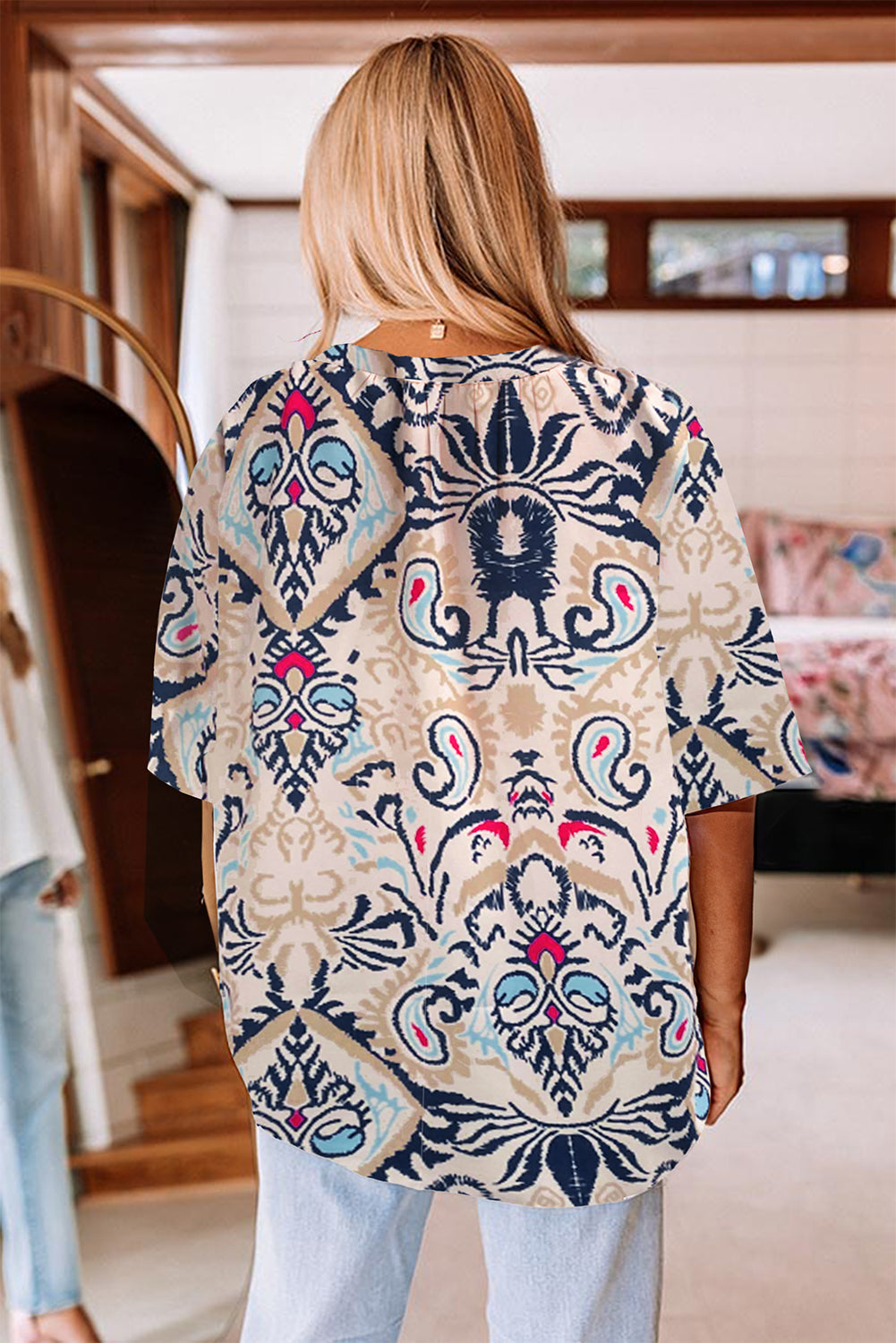 Abstract Printed Notched V Neck Half Sleeve Blouse