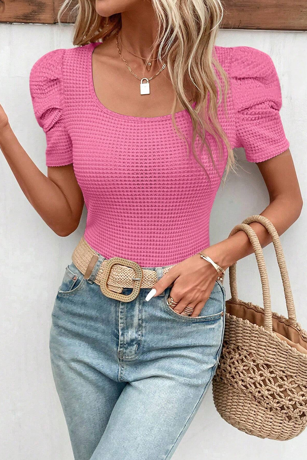 Waffle Knit Puff Sleeve Top