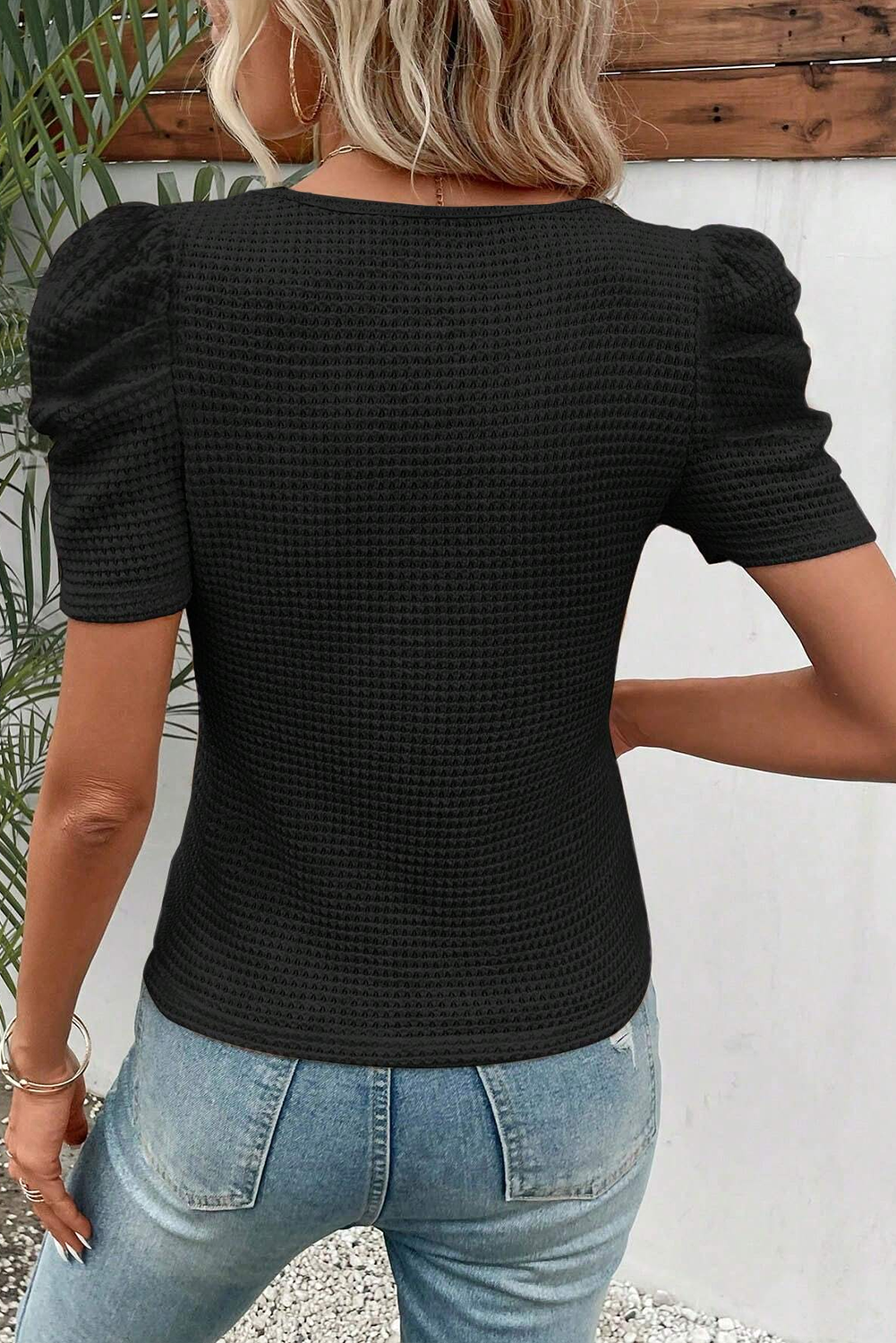 Waffle Knit Puff Sleeve Top