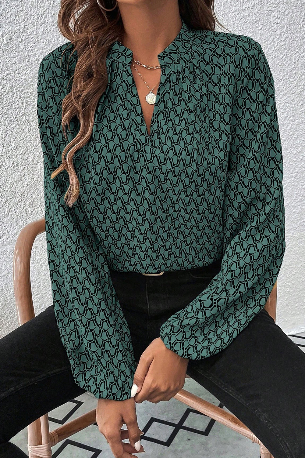Geometric Print Puff Sleeve Blouse
