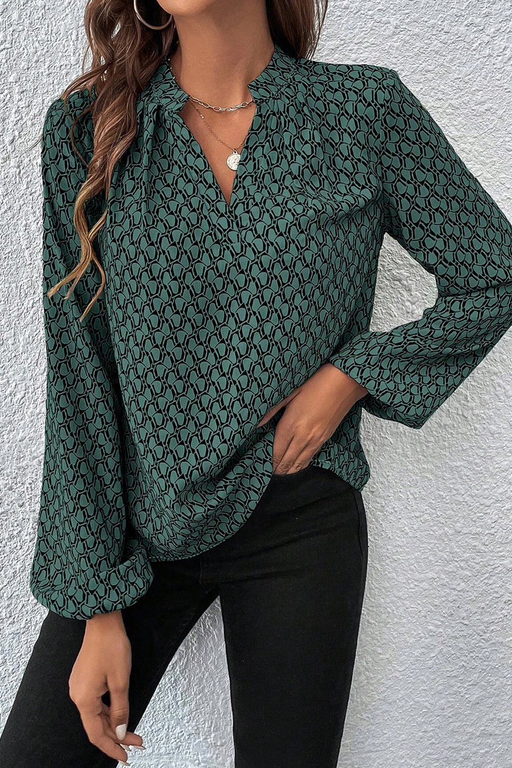 Geometric Print Puff Sleeve Blouse