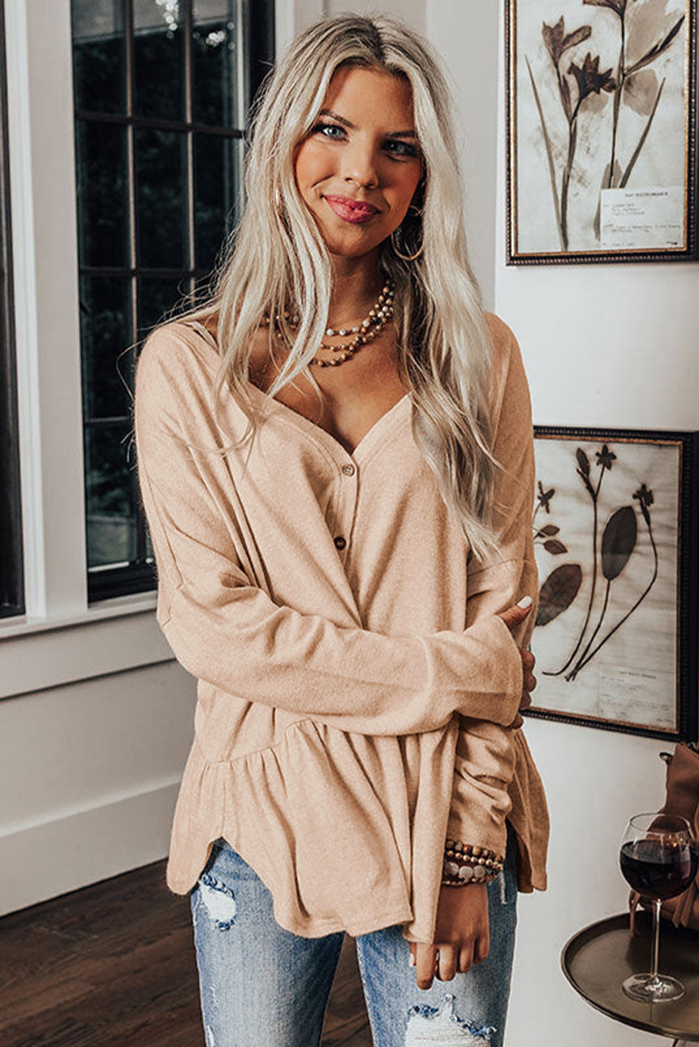 Ruffled V Neck Button Shirt