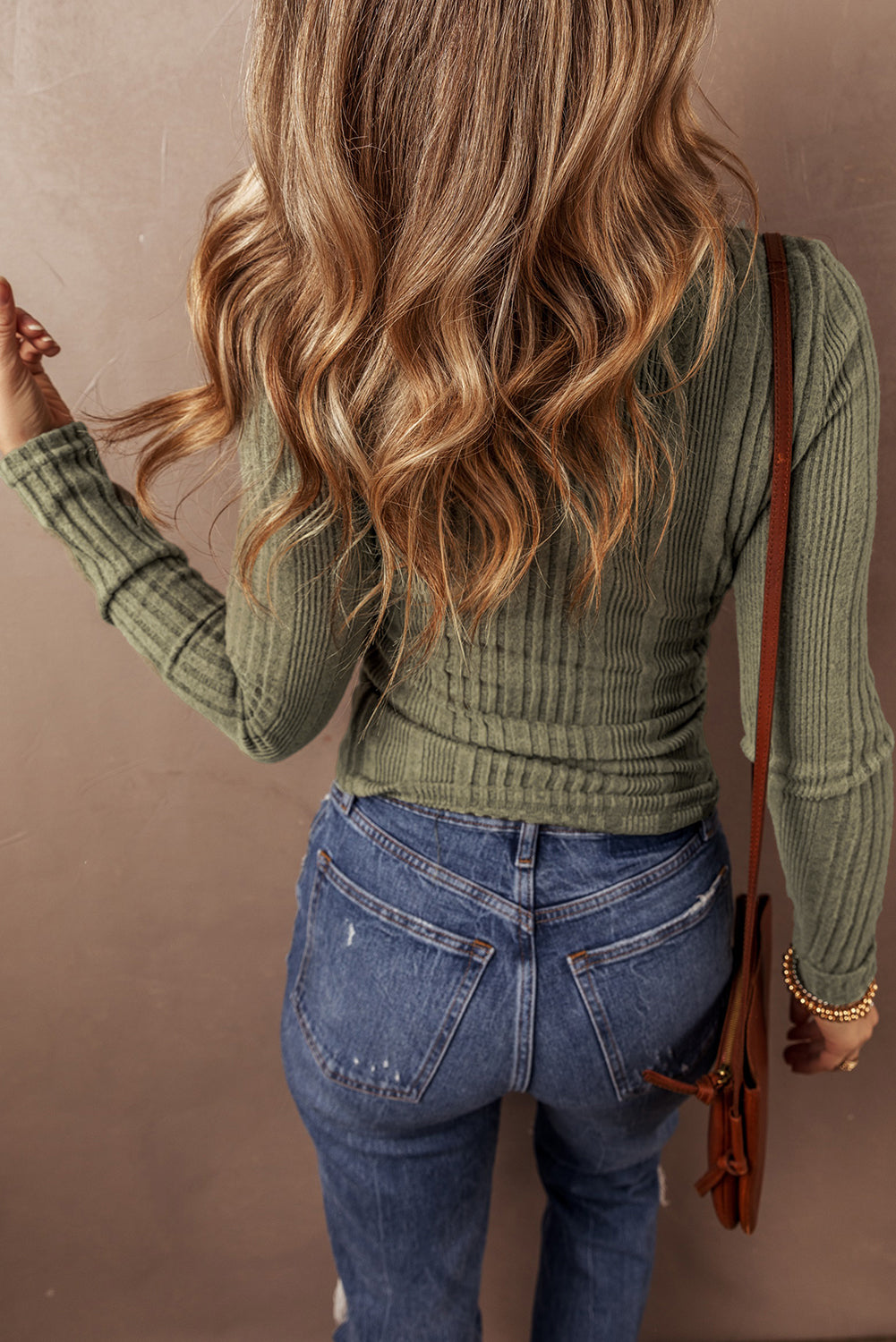 Jungle Green Ribbed Knit Half Button Blouse