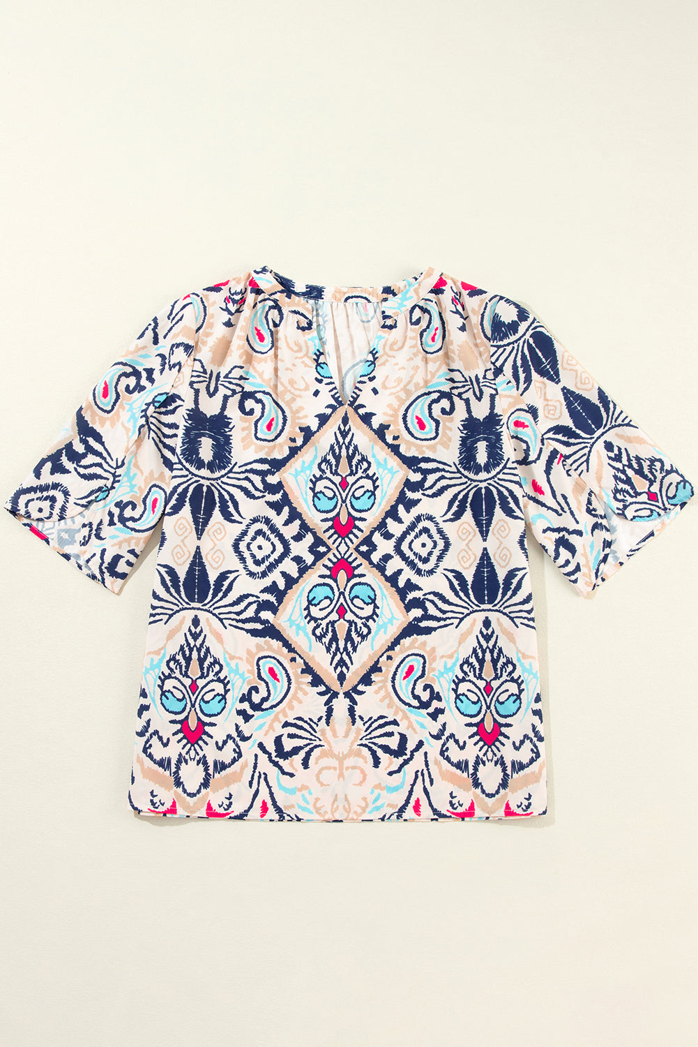 Abstract Printed Notched V Neck Half Sleeve Blouse