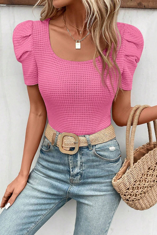 Waffle Knit Puff Sleeve Top