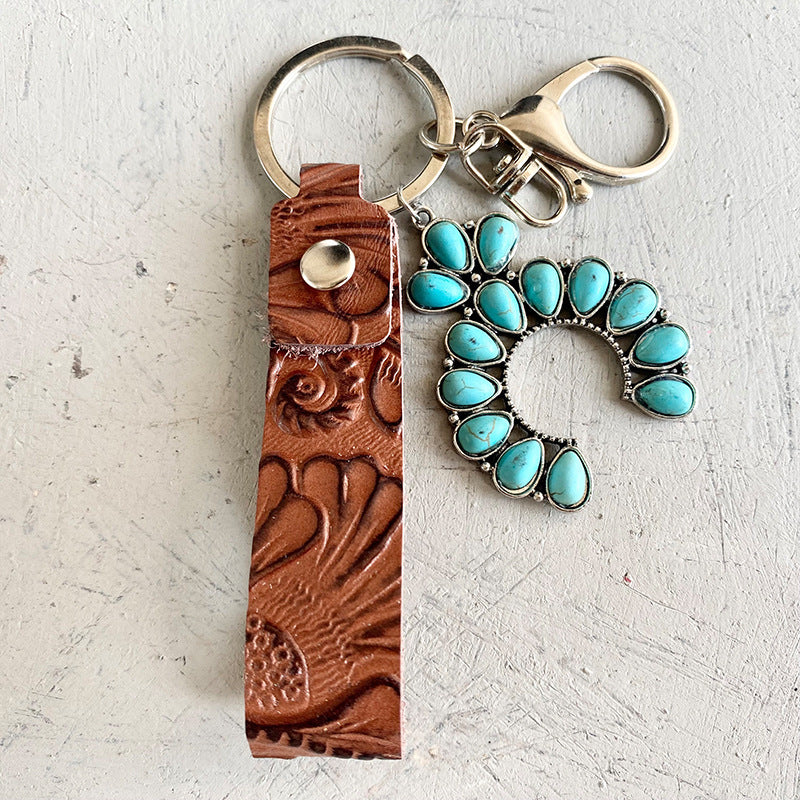 Retro Embossed Cowhide Western Style Turquoise Pumpkin Flowers Pendant Keychain