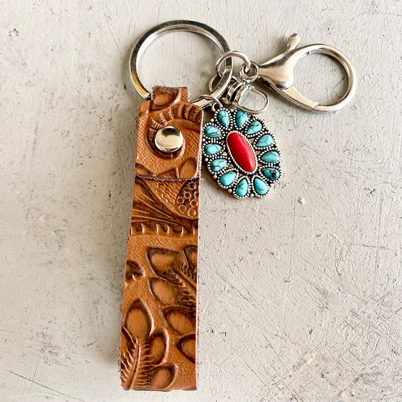 Retro Embossed Cowhide Western Style Turquoise Pumpkin Flowers Pendant Keychain