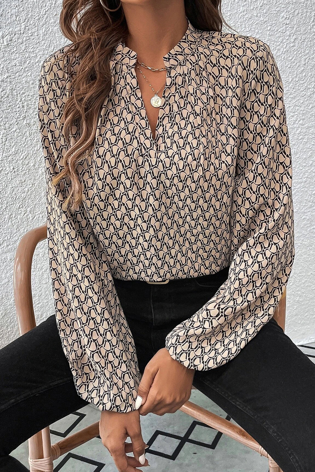 Geometric Print Puff Sleeve Blouse