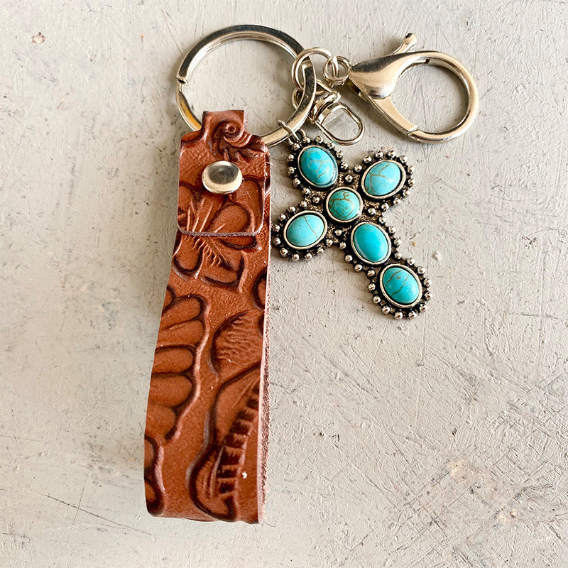 Retro Embossed Cowhide Western Style Turquoise Pumpkin Flowers Pendant Keychain